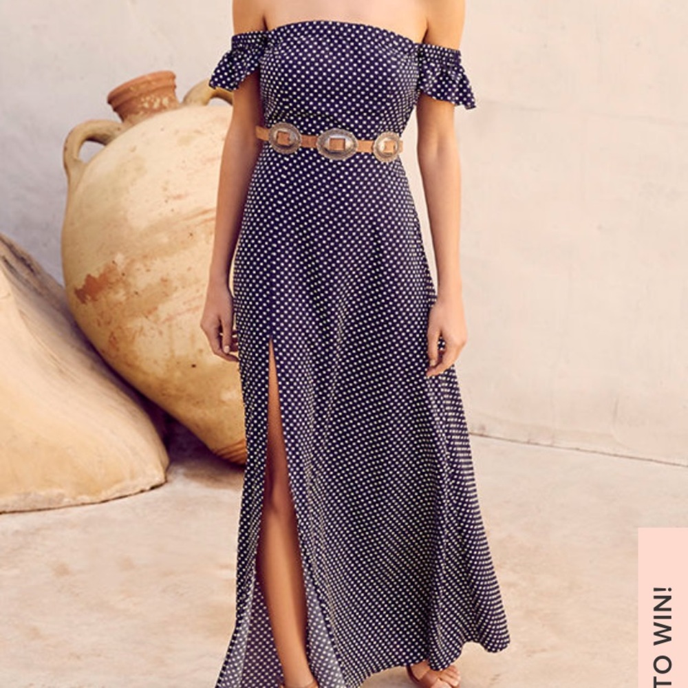 Navy Polka Dot Off theShoulder Maxi Dress Lulus